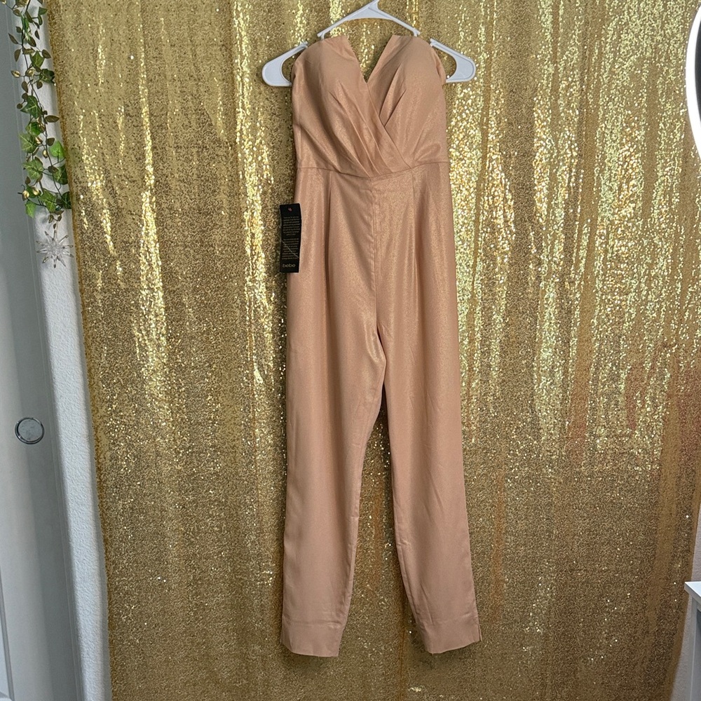 Bebe Natalie Foiled Metalic Tan/peach Jumpsuit
